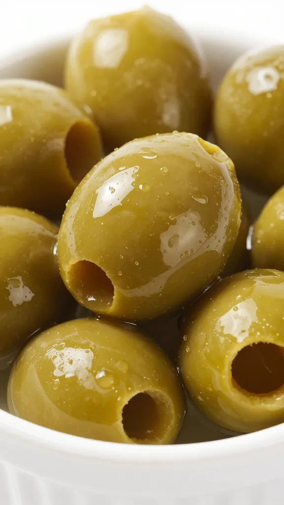ramekin of green olives with brine sheen, closeup