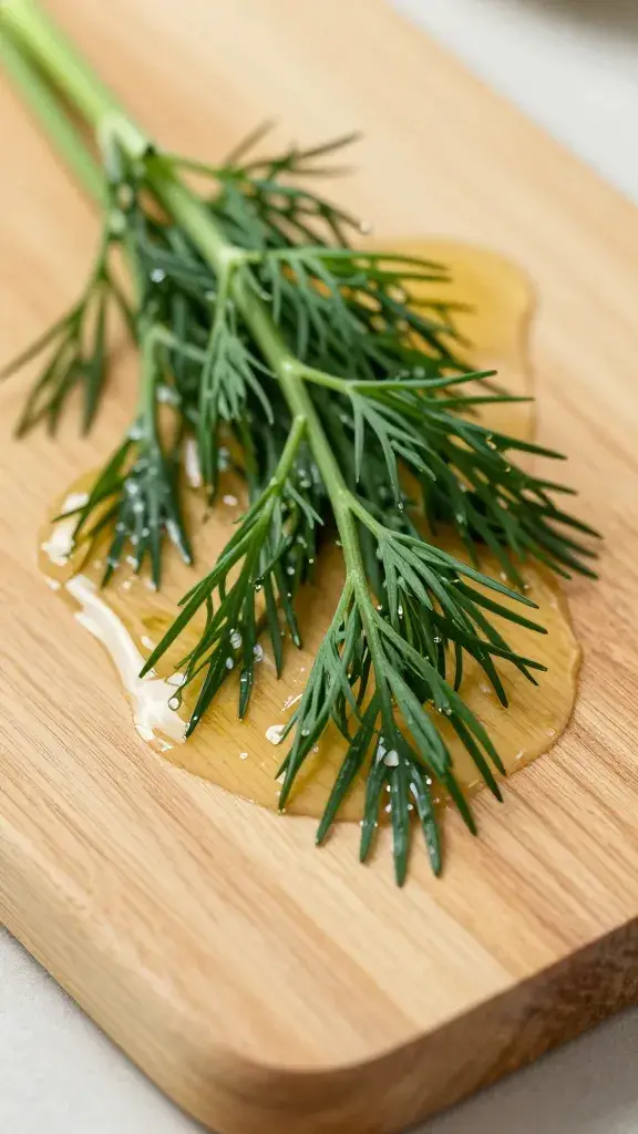 sprig of fresh dill on olive-oiled wood board, macro