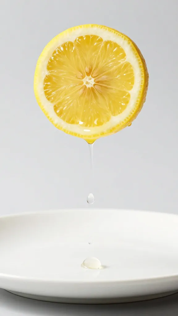 lemon wedge squeezed, droplets midair over white plate