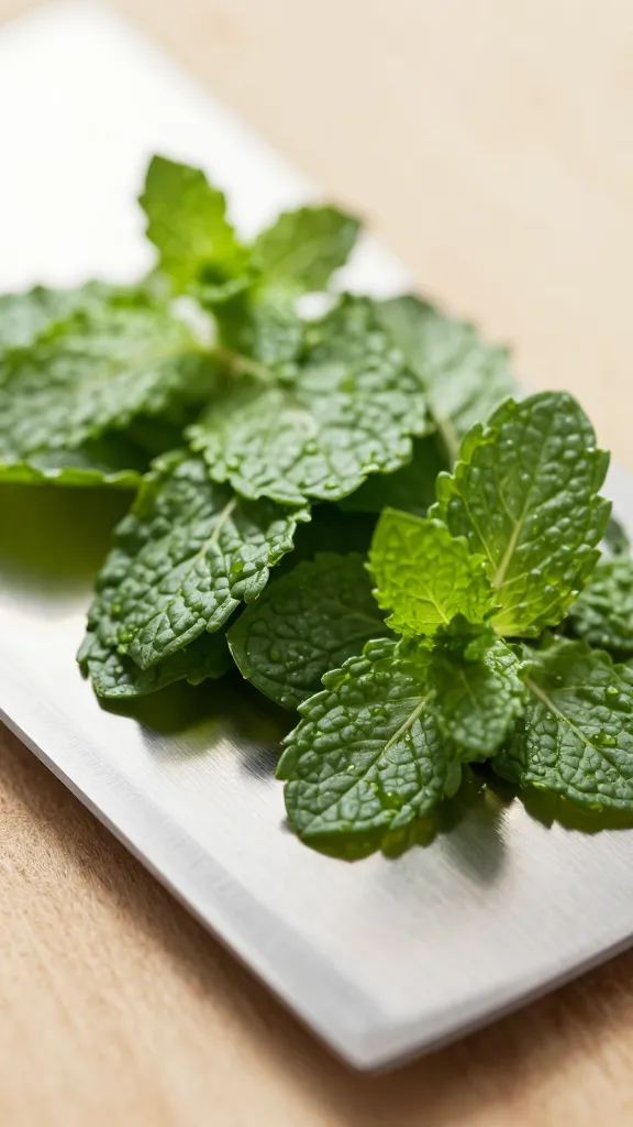 mint leaves finely chopped on chef’s knife blade, macro