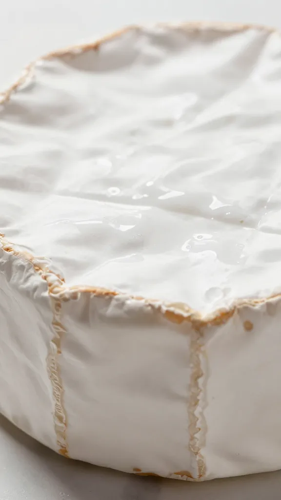 closeup of glossy brie wedge with intact rind