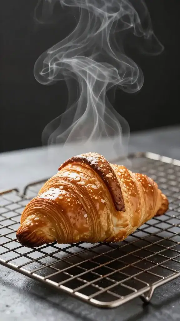 single croissant on wire rack, steam rising