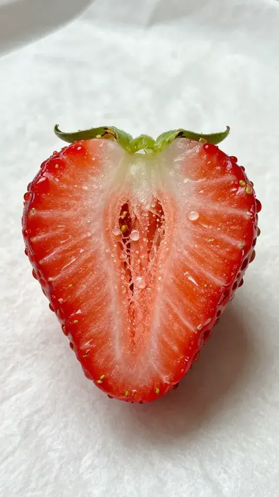 dewy strawberry half on parchment, seeds sharp
