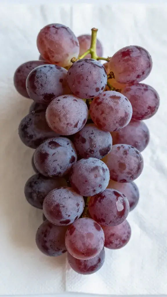 chilled grapes cluster on paper towel, no condensation