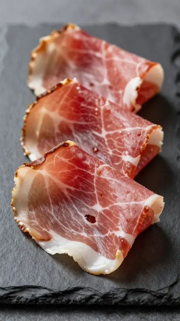 prosciutto rosette on slate, tight curls