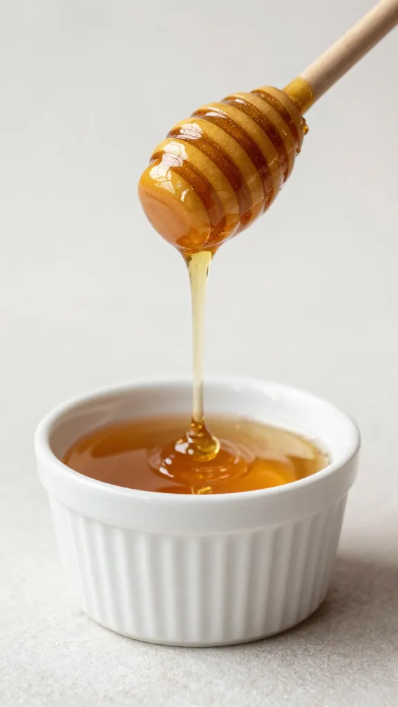 small ramekin of honey, dipper hovering drip