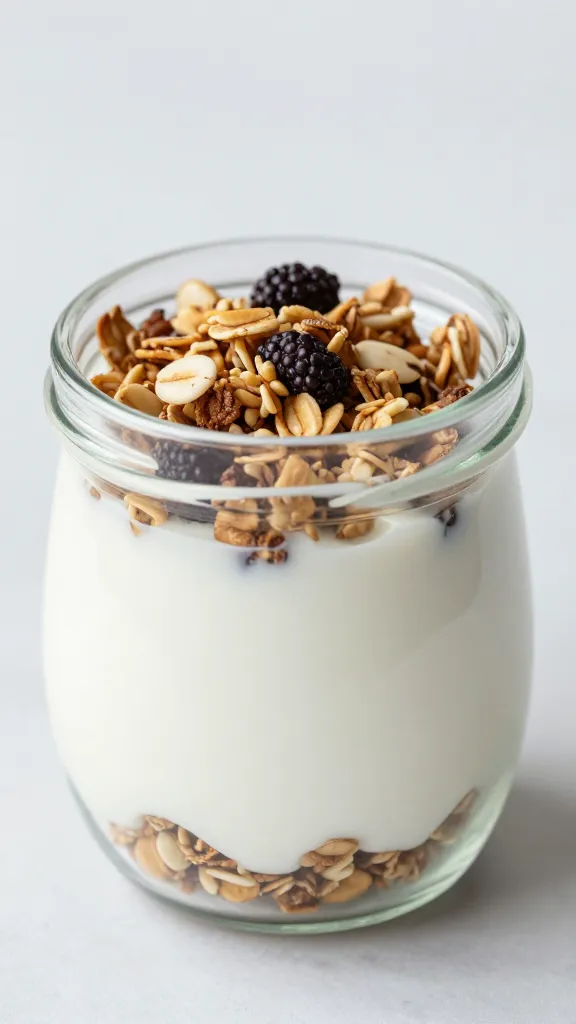 yogurt parfait in clear jar, granola sealed on top