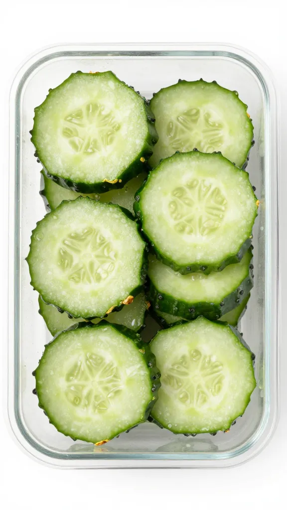 sliced cucumber rounds in airtight container, dry edges