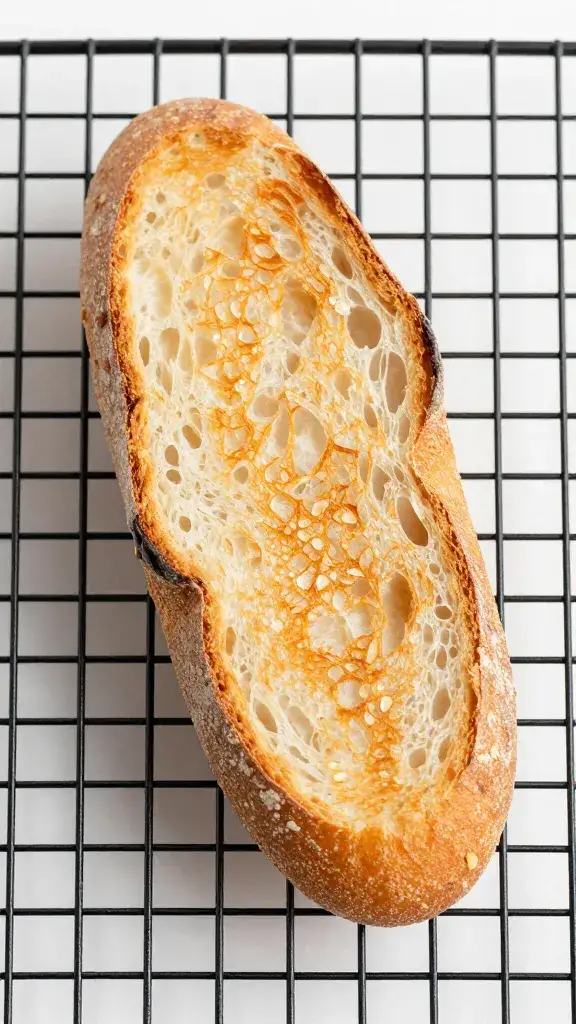 toasted baguette slice on cooling rack, crisp crumb