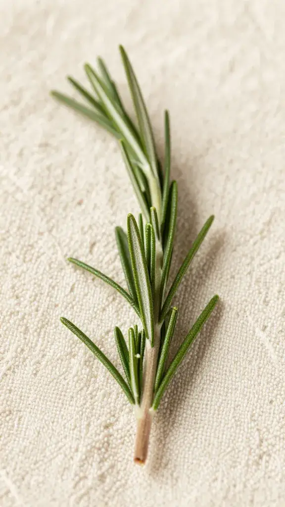 sprig of fresh rosemary on damp towel, macro texture