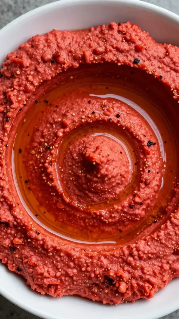 closeup bowl of roasted red pepper hummus with olive oil