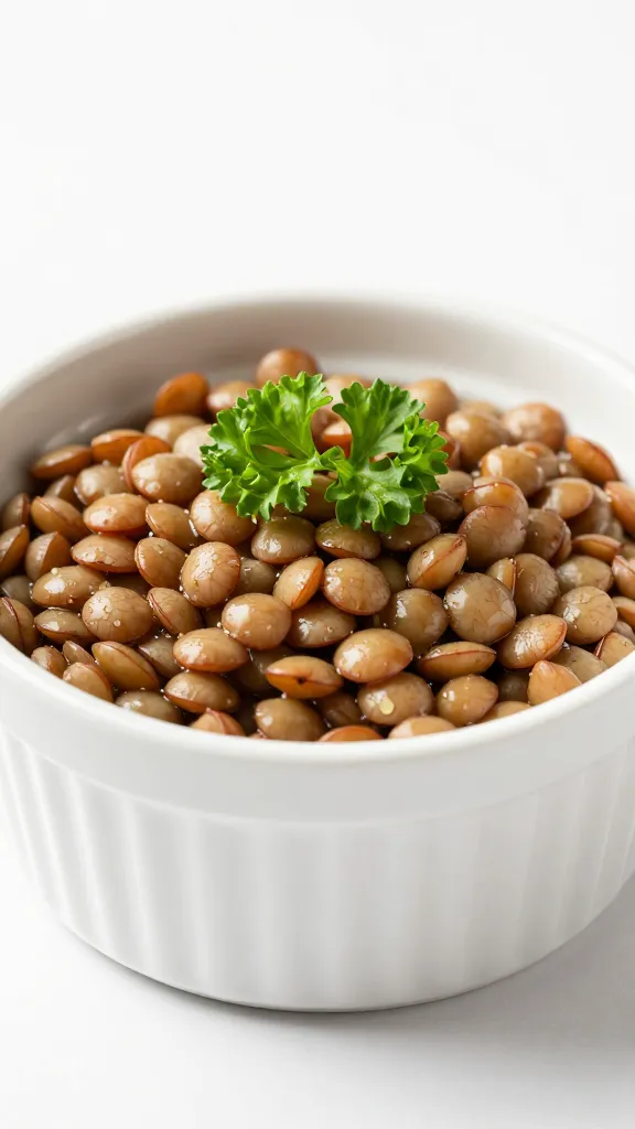white ramekin of marinated lentils with parsley garnish