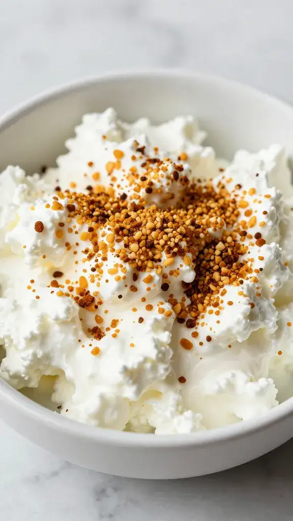 small bowl of cottage cheese topped with everything bagel seasoning