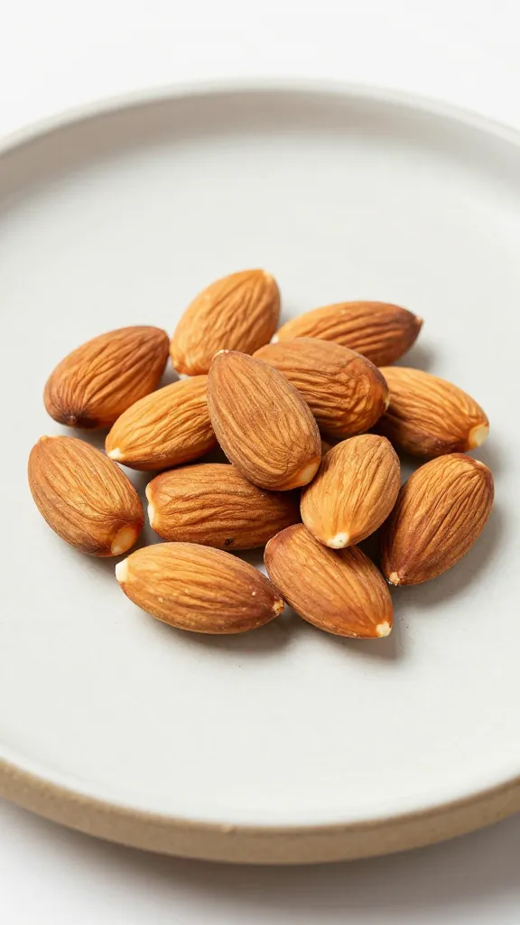 small pile of roasted salted almonds on matte ceramic plate