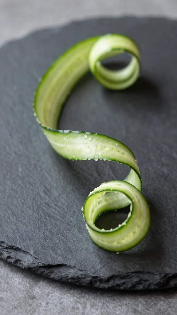 single cucumber ribbon curl on dark stone platter