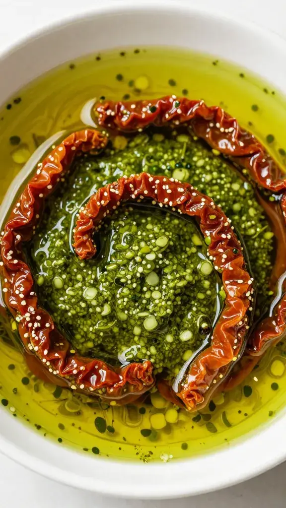 closeup bowl of sun-dried tomato pesto dipping oil