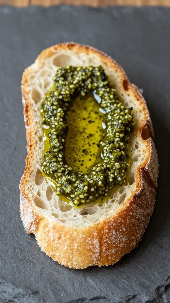 single slice of crusty bread dipped in pesto oil