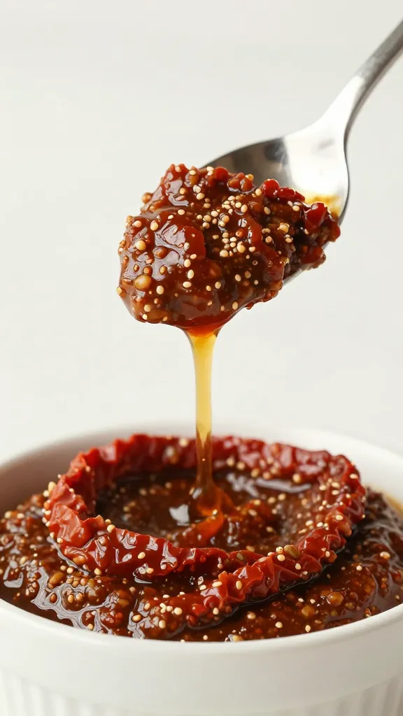 spoonful of sun-dried tomato pesto hovering over bowl