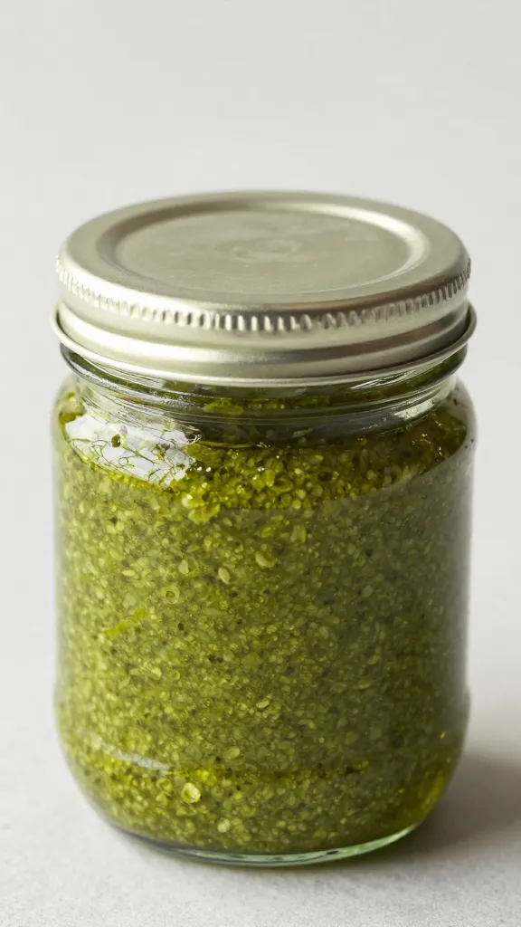 glass jar of pesto oil sealed for picnic transport