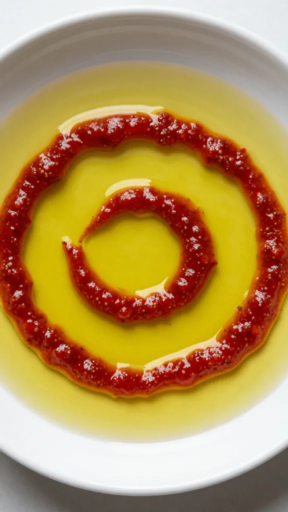 shallow dish of olive oil with red pesto swirls