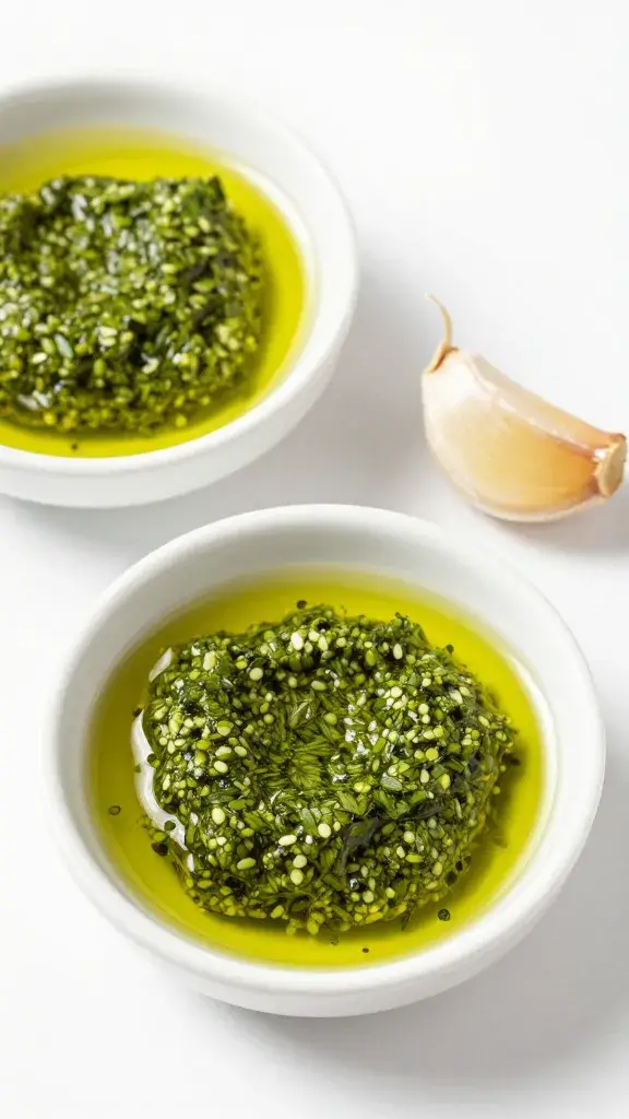 single clove of crushed garlic beside pesto oil bowl