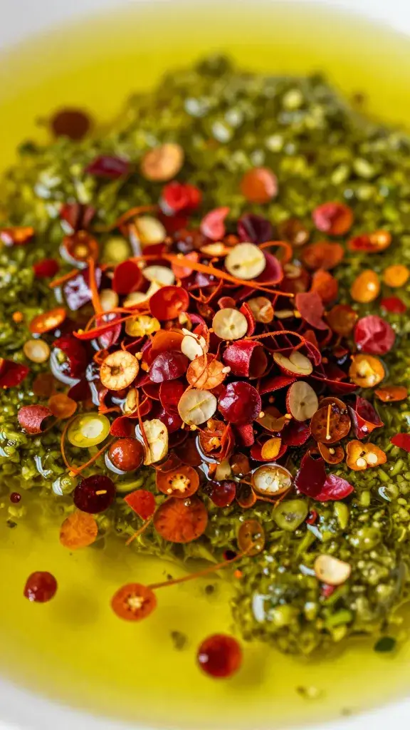 closeup of red pepper flakes sprinkled over pesto oil