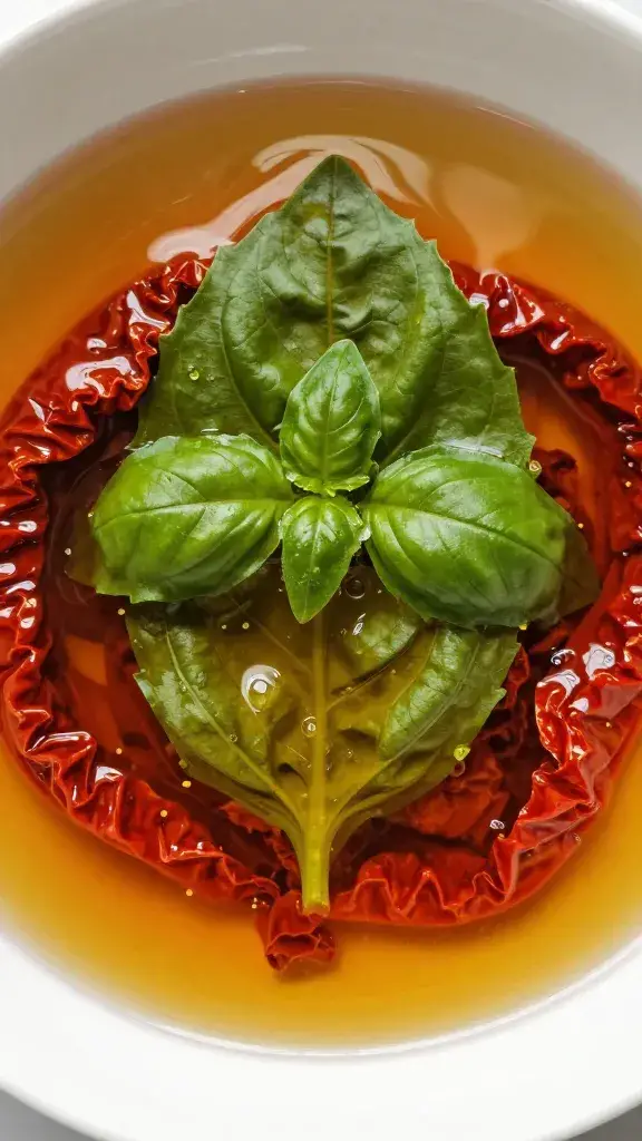 basil leaf floating atop sun-dried tomato dipping oil