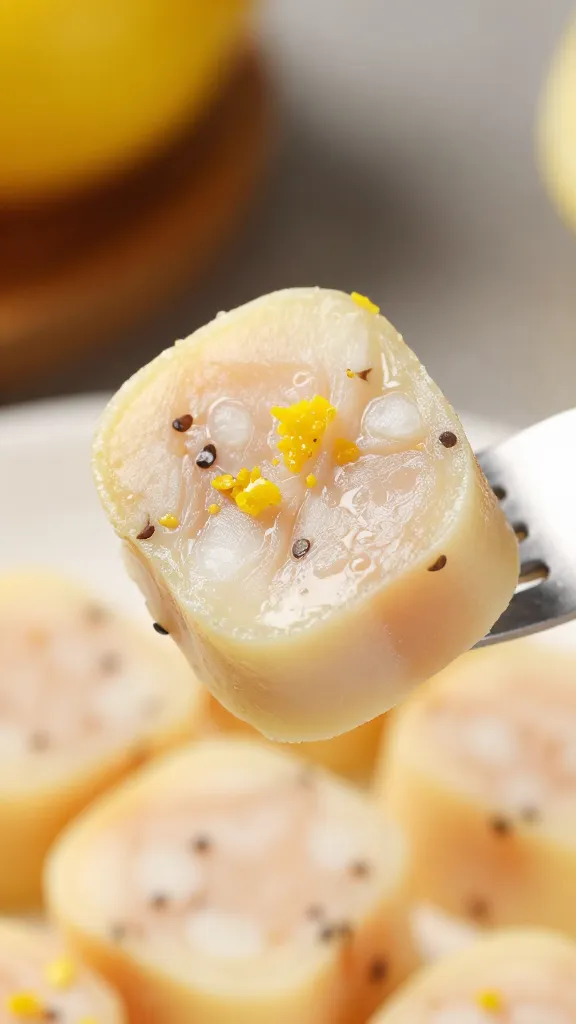 closeup of golden halloumi bite on fork, lemon zest