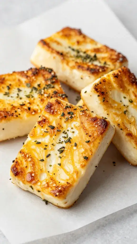 crispy halloumi cube on parchment with oregano flecks