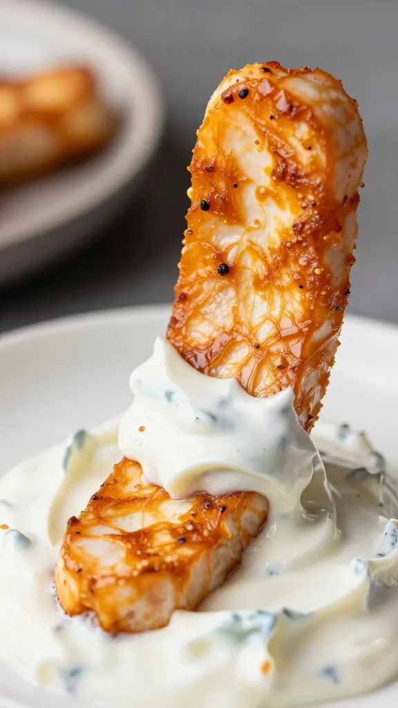 single halloumi bite dipped in tzatziki, drip captured