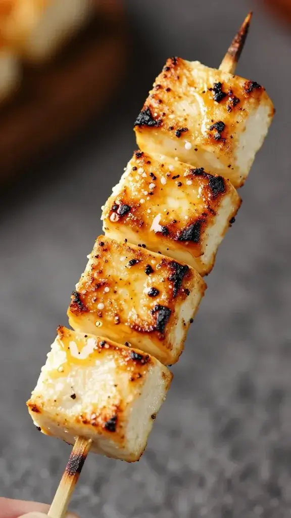 seared halloumi cube on skewer, charred edges