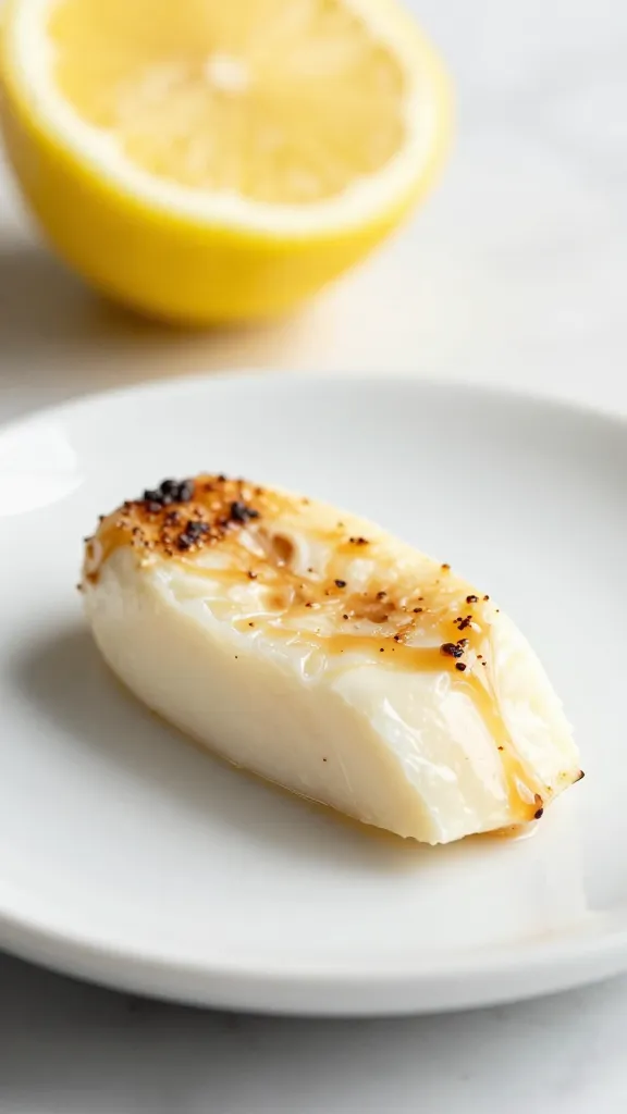 halloumi bite on white plate, lemon wedge blur background