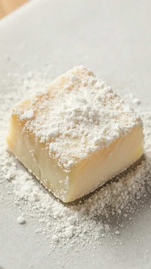 floured halloumi cube on floured board, macro texture