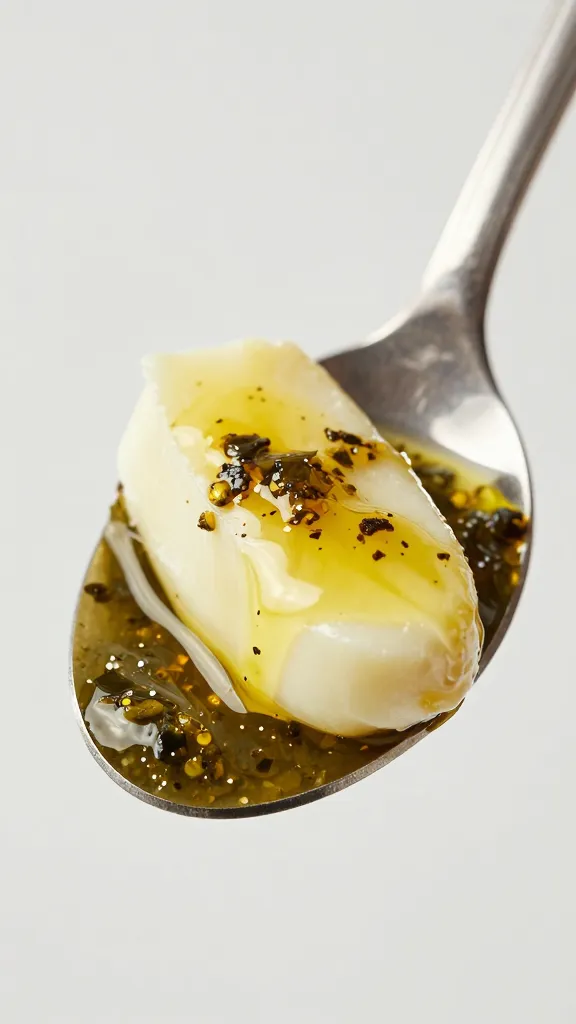 halloumi bite in glossy lemon-oregano marinade spoon