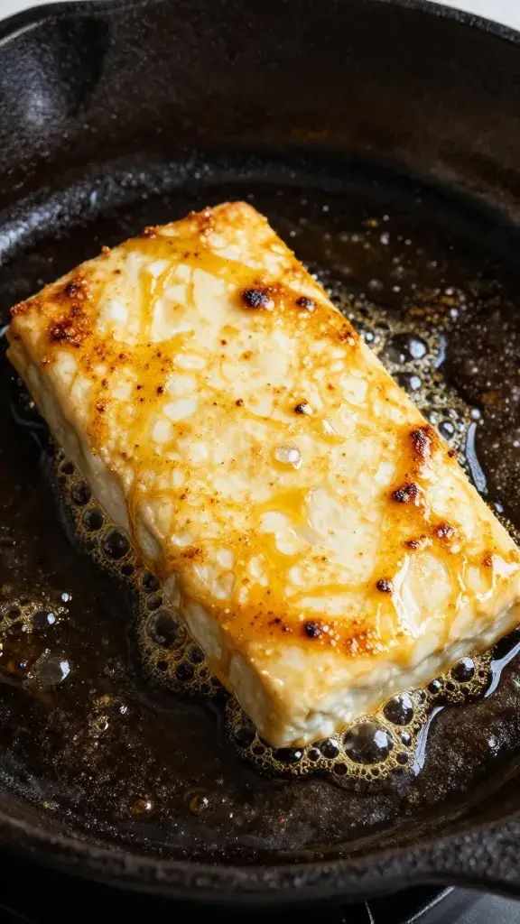 sizzling halloumi cube in cast-iron pan, oil bubbles