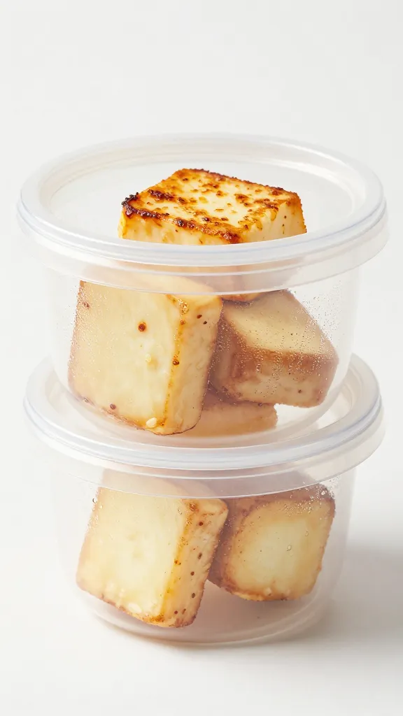 packed halloumi bite in small lidded container, condensation
