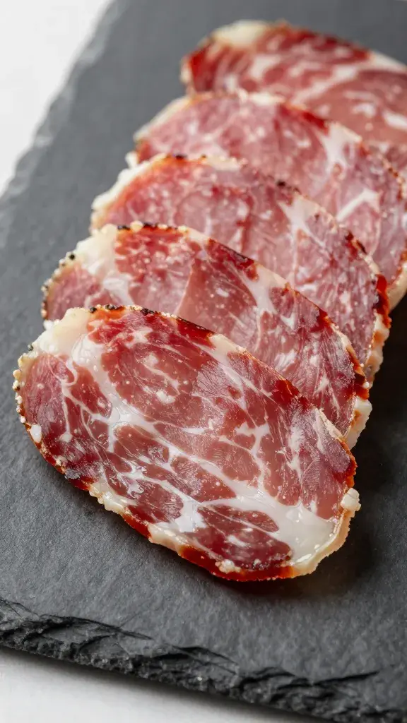 closeup of sliced jamón serrano on slate board