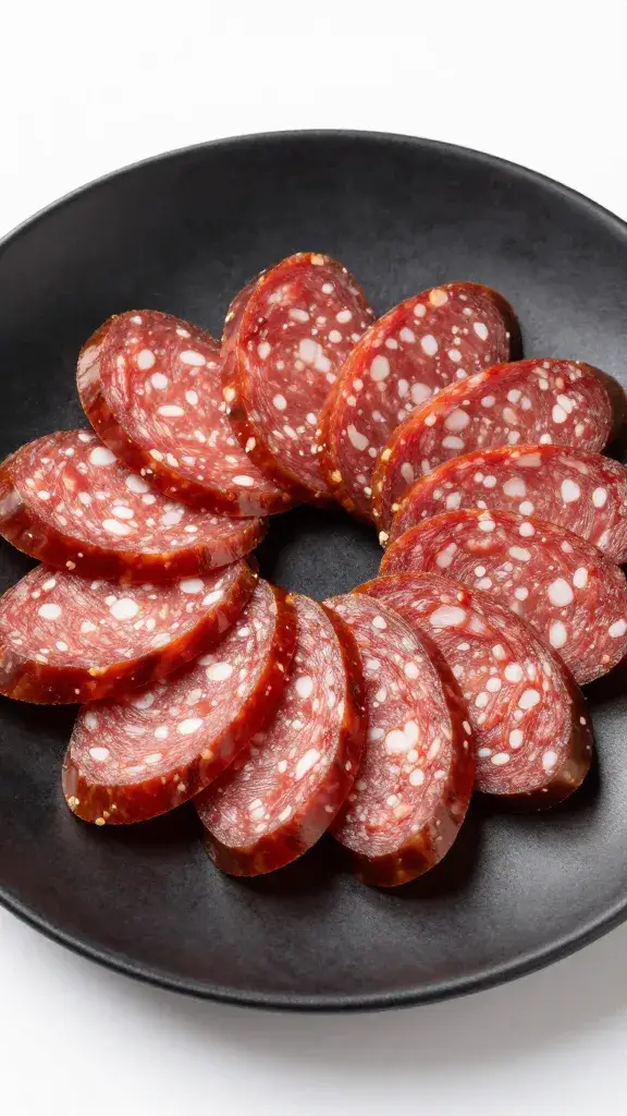chorizo slices fanned on black ceramic plate