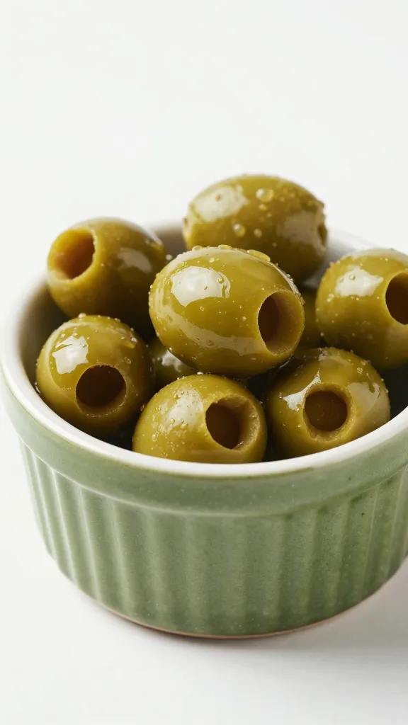 green manzanilla olives in speckled stoneware ramekin