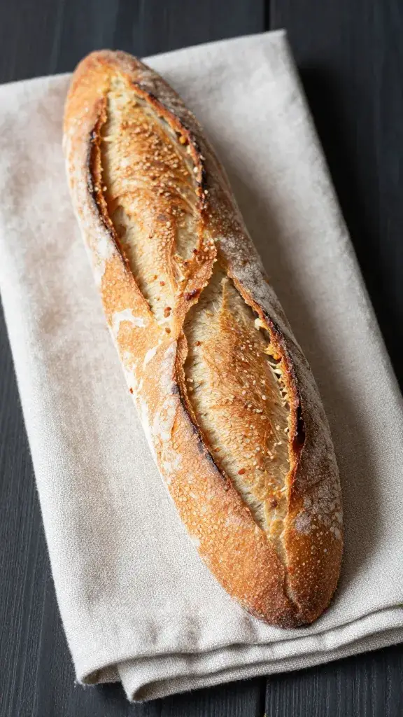 crusty sliced baguette on linen napkin