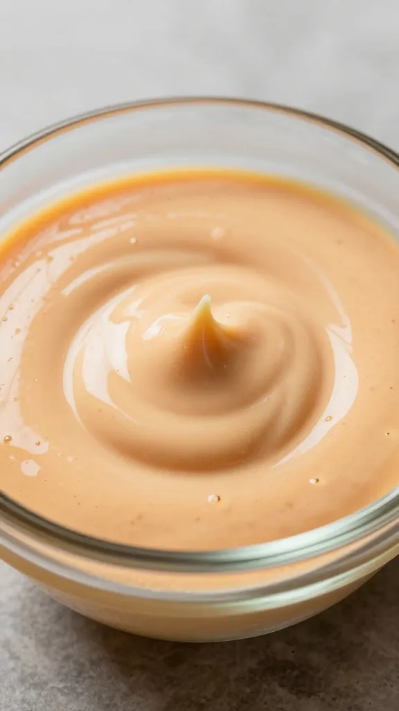 romesco sauce swirl in shallow glass bowl