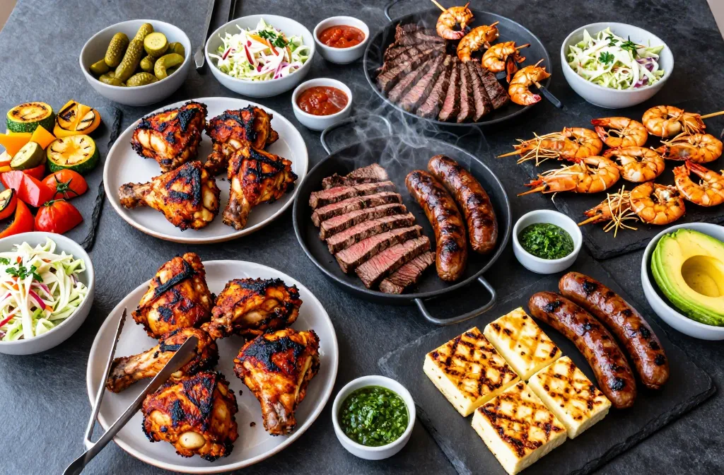 Low-carb BBQ spread with multiple proteins and sides