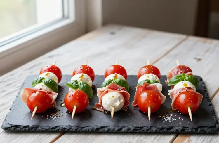 Party-Perfect Caprese Skewers for 30 — Burrata, Prosciutto and Basil with Zero Carb Filler