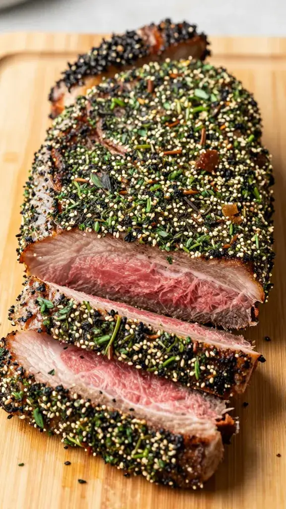 closeup of sliced herb-crusted tri-tip on carving board