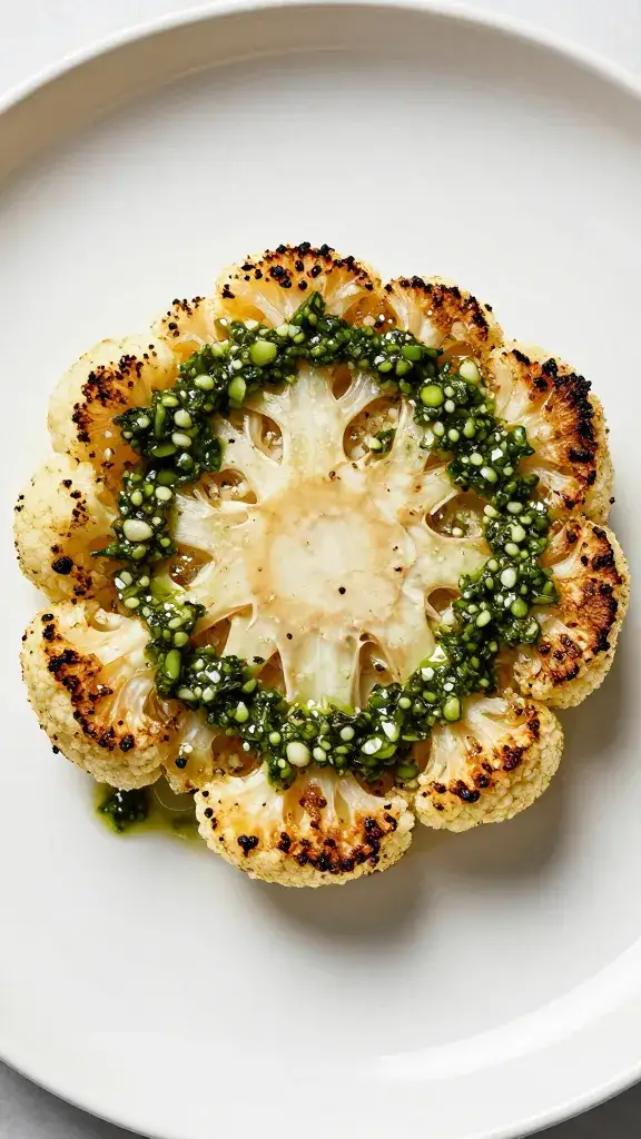 single roasted cauliflower steak with chimichurri drizzle