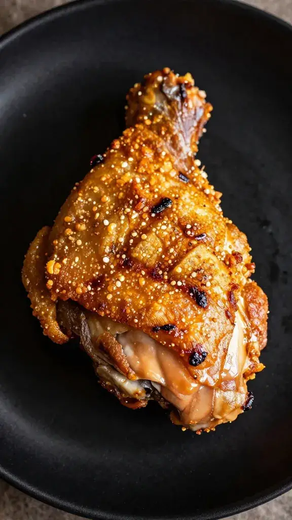grilled chicken thigh with crispy skin on black plate