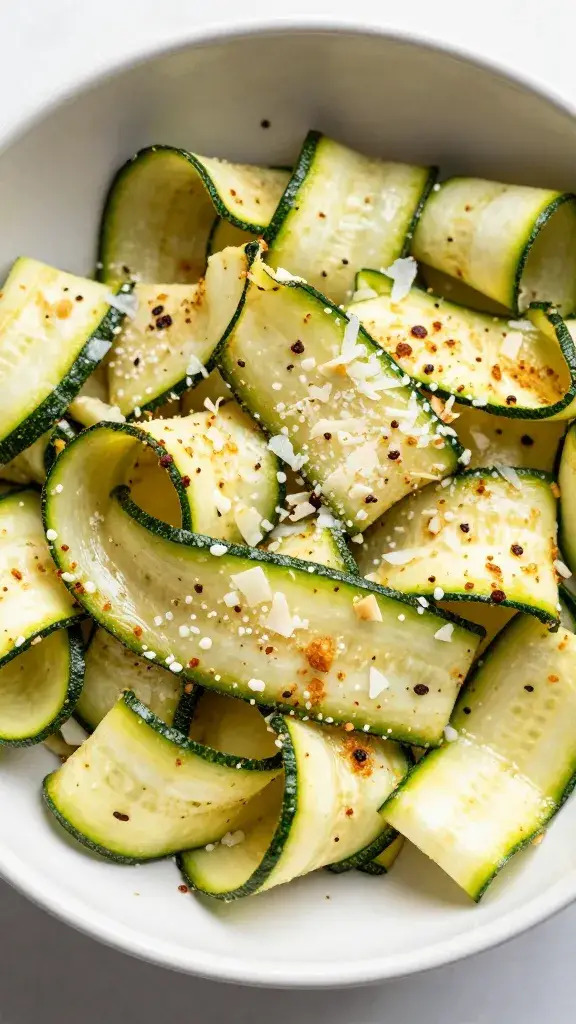 parmesan-crusted zucchini ribbon salad in shallow bowl