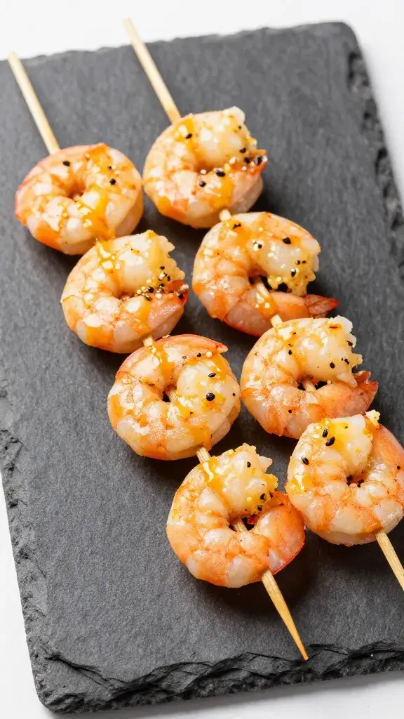 garlic butter shrimp skewer on slate plate