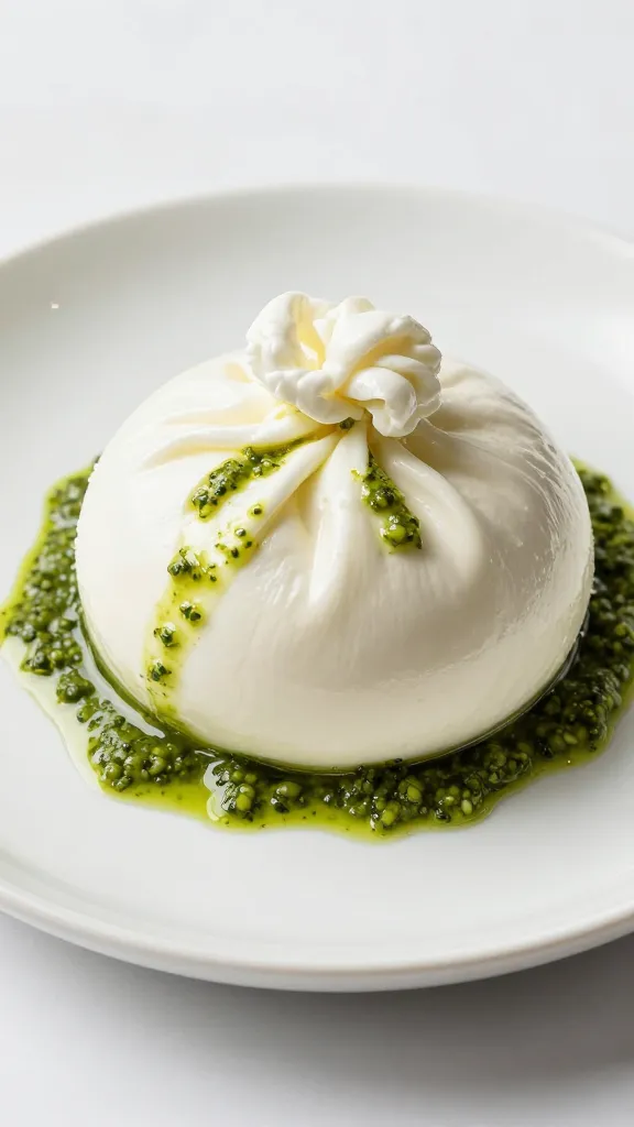 burrata ball with pesto swirl on white ceramic