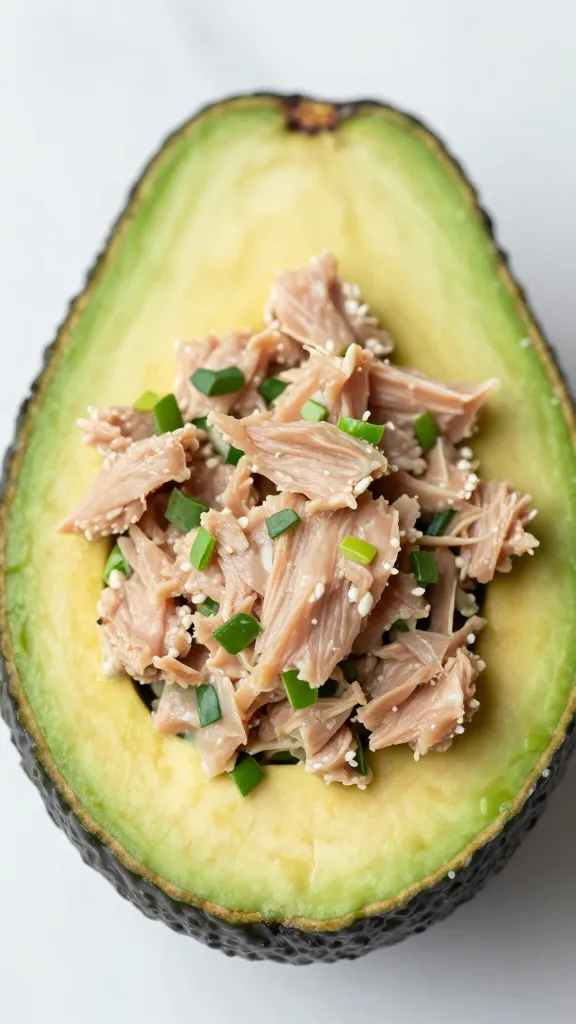avocado half filled with herbed tuna salad